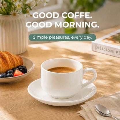 3 Ounce Espresso Cups Set of 4, White | Stackable Demitasse Mugs, Includes Display Stand, Cups Saucers, and Spoons, for Machines & Home Use - color: White