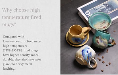 8oz Handmade Ceramic Tea Cup and Saucer set of 2, Small Artisanal Mug with saucer set , Lead-Free Latte Art Mug, Handcrafted Pottery tea mug with handle, Matching and Couple cups (White+Green set ) - color: White+Green( 2 pcs set )