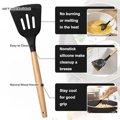 E-far Silicone Cooking Utensils Set, 5-Piece Black Kitchen Utensils Set with Wooden Handle for Cooking, Silicone Kitchen Nonstick Tools Spatula Turner Slotted Spoons, Nontoxic & Heat Resistant-Black - color: Black, size: 5