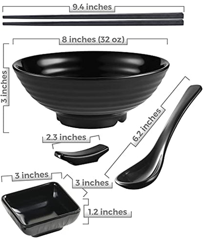 4 Noodle Bowls Set - large 32oz Ramen Bowl Set for authentic Asian Cuisine - with Dipping Bowls, Spoons, Chopsticks & Chopstick Stands. Enjoy Thai Miso Udon Wonton (4 Bowl Set, Black) - color: Black, size: 4 Bowl Set