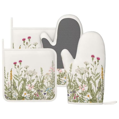 Wildflower Botanical Oven Mitts and Pot Holders Set Silicone Heat Resistant Floral Plant Herbs Sage Green Leaves Kitchen Gloves Set Kitchen Mittens Pot Holders for Cooking Baking Grilling - color: Sage Green