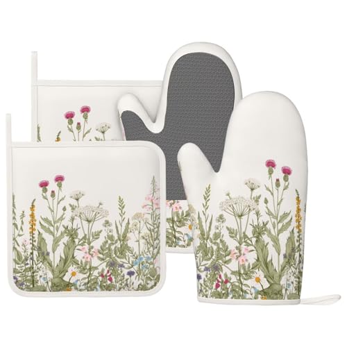 Wildflower Botanical Oven Mitts and Pot Holders Set Silicone Heat Resistant Floral Plant Herbs Sage Green Leaves Kitchen Gloves Set Kitchen Mittens Pot Holders for Cooking Baking Grilling - color: Sage Green