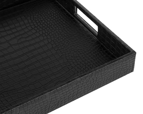 HofferRuffer Rectangle Serving Tray with Hole Handles for Coffee Table, Breakfast, Tea, Food, Butler - Countertop, Kitchen, Vanity Serve Tray, 16.2 x 12.2 x 2 inches, Faux Leather (Black Croco) - color: Black Croco