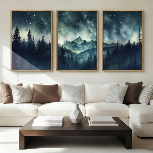 Large Misty Forest Mountain Wall Art Framed Dark Starry Sky Wall Decor Modern Wilderness Art Print for Living Room Bedroom Office 16x24 Inch Set of 3 - color: Misty Landscape, size: 24"L x 16"W