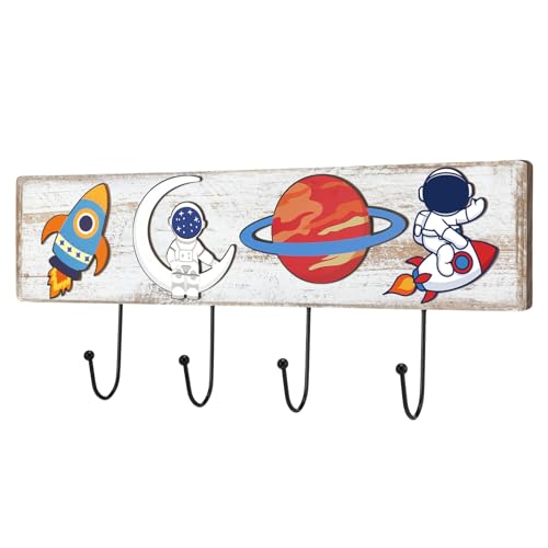 Space Themed Wooden Coat Rack with 4 Hooks, Rocket Astronaut Planet Moon Wall Mounted Hangers, Cute Cosmic Decorative Hook Rack for Room Entryway Playroom, Holds Hats Keys Towels Bags - style: Space