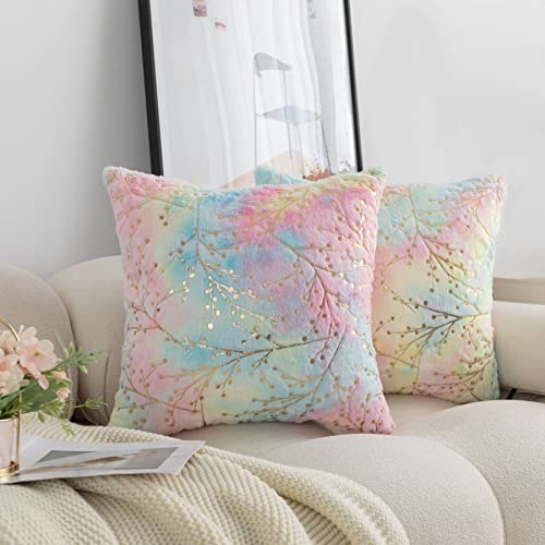 LIGICKY Set of 2 Rainbow Pillow Covers Fluffy Tie Dye Fur with Gold Branches Glitter Throw Pillows Decorative Pink Blue Soft Furry Sparkling Square Cushion Cases for Girl Room Couch Décor 18x18inch - color: Pinkblue Gold, size: 18" x 18" (Pack of 2)