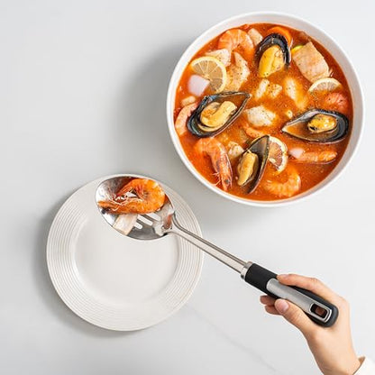 Stainless Steel Serving Spoon Set with Heat-Resistant Handles,3-Piece | Includes a serving spoon, slotted spoon, and deep soup ladle with ergonomic heat-resistant handles for cooking and serving.