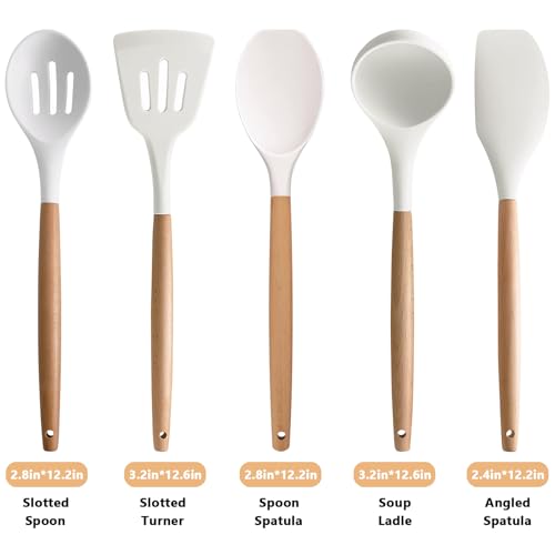 Silicone Kitchen Utensils Set of 5, Cooking Utensil Set with Heat Resistant Wooden Handle Non-Stick Silicone Spatula Spoon Turner Ladle, BPA FREE Cooking Kitchen Gadgets for Cookware & Baking - color: White, size: Standard 5-Piece Set