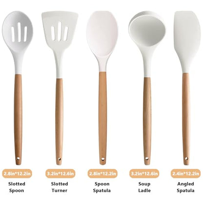 Silicone Kitchen Utensils Set of 5, Cooking Utensil Set with Heat Resistant Wooden Handle Non-Stick Silicone Spatula Spoon Turner Ladle, BPA FREE Cooking Kitchen Gadgets for Cookware & Baking - color: White, size: Standard 5-Piece Set