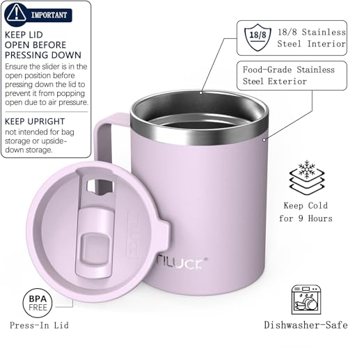 TILUCK 12 oz Insulated Coffee Mug with Lid and Handle | BPA-Free Lid, Double-Wall Vacuum Insulation, Stainless Steel Coffee Cup,Dishwasher Safe Mug for Hot & Cold Drinks,LightPurple - color: Matte LightPurple, size: 12 Ounces