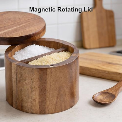 Acacia Salt Cellar with Dual Compartments, Wooden Salt Box, Kitchen Spice Keeper, with Magnetic Swivel Lids, for Salt and Pepper or Spices