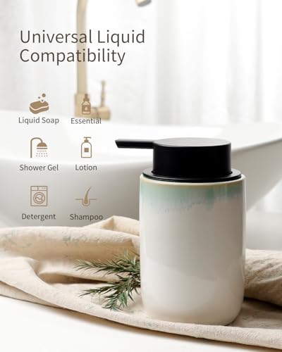BosilunLife Hand Soap Dispenser for Kitchen, Bathroom Countertop | Foam Soap Dispenser Bathroom Ceramic Dish Liquid Soap Dispenser (White with Blue-Green Rim Liquid Pump) - color: White With Blue-green Rim-1 Pack