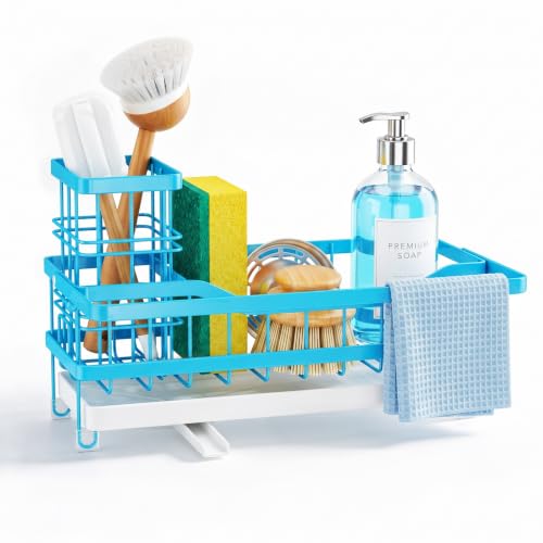 Sponge Holder for Kitchen Sink, Self-draining Sink Caddy with Towel Rack and Brush Holder, Metal Kitchen Countertop Organizers and Storage Essentials, Blue - color: Blue