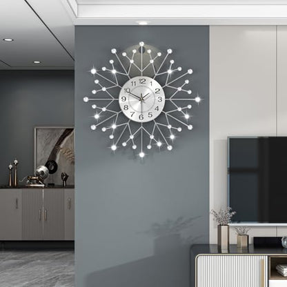 Large Decorative Silver Crystal Wall Clock for Living Room Decor | 24 Inch Big Modern Metal Wall Clock Battery Operated Non Ticking Quality Quartz Silent Clock for Kitchen Office Bedroom - style: Contemporary