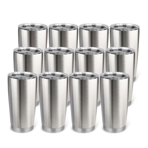 20oz Stainless Steel Tumbler Bulk with Lid, Travel Mug - Double Wall Vacuum Powder Coated Cup - Stainless steel, 12 Pack - color: Stainless, size: 12 Pack