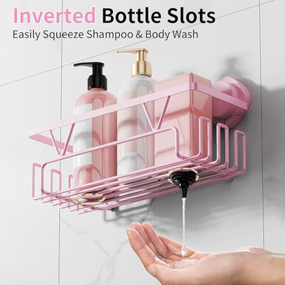 KEGII Suction Cup Shower Caddy 3 Pack, Bathroom Storage Shelf, Pink | Rustproof Stainless Steel Design with Soap Holder and Hooks, Removable No Drill Storage for Shampoo and Bath Accessories