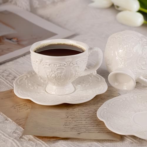 KAMMAK Tea Cups and Saucers Set of 2, 7.8 oz Porcelain Coffee Cups, 565N | Stackable Espresso Mugs, Ceramic Demitasse for Coffee, Cappuccino, Latte, Americano, Tea - size: 7KPSP565N