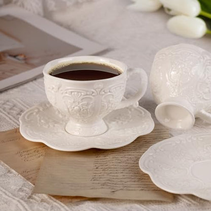 KAMMAK Tea Cups and Saucers Set of 2, 7.8 oz Porcelain Coffee Cups, 565N | Stackable Espresso Mugs, Ceramic Demitasse for Coffee, Cappuccino, Latte, Americano, Tea - size: 7KPSP565N