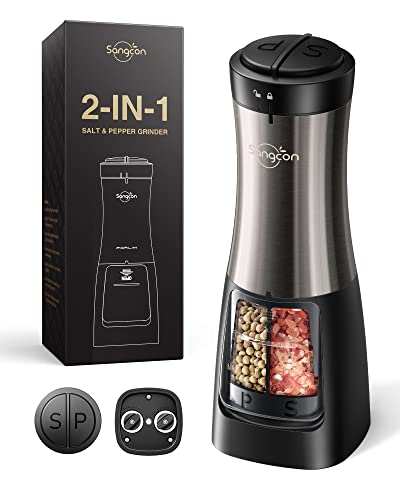Sangcon 2-in-1 Automatic Electric Salt and Pepper Grinder with LED Light | Refillable dual 75ml chambers, 150ml capacity, one-handed buttons, adjustable coarseness, ceramic mills, battery powered - color: Battery-Operated