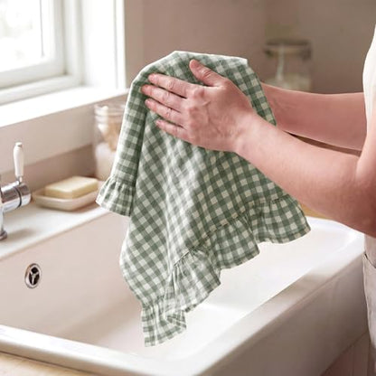 HunnmingRe Green Kitchen Towels Set of 2, 100% Cotton Ruffled Gingham Dish Towels 18"x28" Absorbent Tea Cloths Classic Plaid Pattern for Farmhouse Charm, Drying Dishes, Entertaining Guests - color: Green, style: Gingham