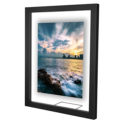 ONE WALL 11x14 Floating Frame, Black Wood Double Glass Float Picture Frame | Floating Picture Frames Display 11x14/8x10/5x7 Inch Photos Plant Petal Specimens for Wall and Tabletop, Mounting Kit Included - size: 11X14