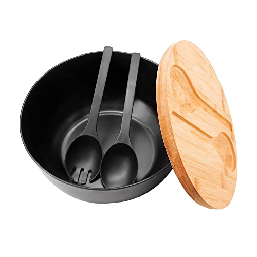 ECOWAY Bamboo Fiber Salad Bowl with Lid & Servers, 4Qt, Melamine Salad Serving Bowls Set with Bamboo Lid, Salad Mixing Bowl with Spoon Fork for Fruits Vegetables and Pasta (Black, 9.8inch) - color: Black with lid