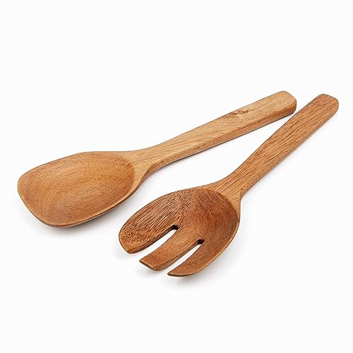 Acacia Wood Salad Servers, 10-inch Wooden Utensils for Cooking and Kitchen - Set of 2