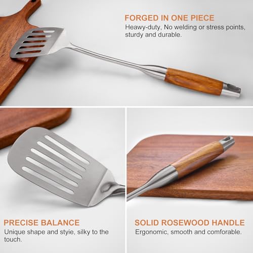 9 PCS 304 Stainless Steel Cooking Utensils set with Wooden Handle, Metal Kitchen Utensils Set, Large Heat Resistant Wooden Handle Kitchen Tools, Stainless Steel Wok Spatula