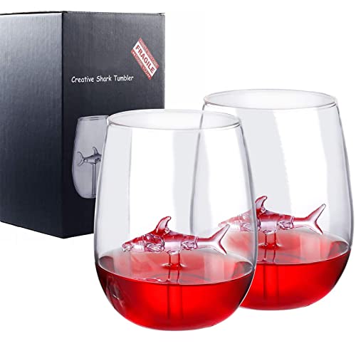 Shark Stemless Crystal Wine Glasses - Personalized Set of 2, Fancy Cool Red Wine Cups, Unique Shark Lover Gifts for Women, Party, Birthday, Wedding (Pink) - color: Pink