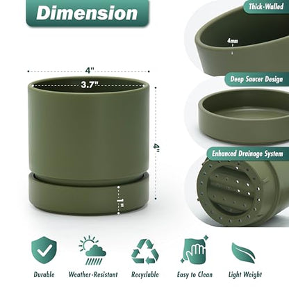 Phoenix Vine 4 Inch Planter Pot with Drainage Hole & Saucer, Deep Water Catch Tray, Straight Cylindrical Round Pot for Plants, Olive, Pack of 1, 23-D-R-1 - color: Olive, size: 4" (1 Pack)
