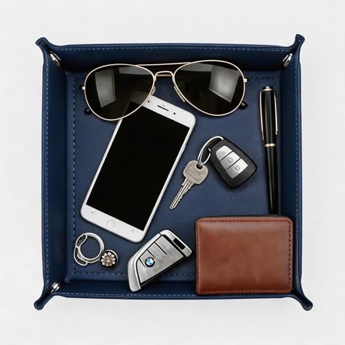Valet Tray Desktop Storage Organizer – Vegan Leather Catchall Tray Bedside Vanity Tray Nightstand Caddy Holder for Remote Controller, Watch, Keys, Phone, Wallet, Coin, Jewelry, Navy - color: Navy Blue