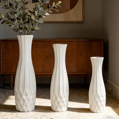 White Tall Ceramic Floor Vase, 24 Inch, Flared Geometric Design | Glossy Glazed Finish, Living Room, Fireplace, Entryway, Pampas Grass - color: Shape 2, size: 24 Inch