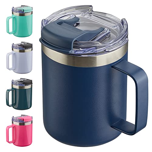 12oz Insulated Travel Coffee Mug with Handle, Navy | Stainless Steel Coffee Tumbler with Lid, Double Wall Vacuum Thermal Cup for Camping - color: Fliping Lid: Navy, size: 1 Count (Pack of 1)