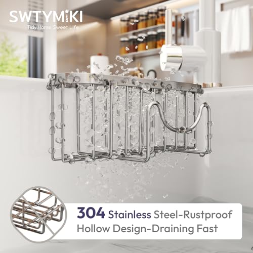 SWTYMIKI Sponge Holder for Kitchen Sink - Movable Kitchen Sink Caddy with M Shape Hook Stainless Steel Hanging Sponges Caddy Organizer in Double Bowl Sinks Depth>3.15in, Middle divider<1.5in, Silver L - color: Silver-large