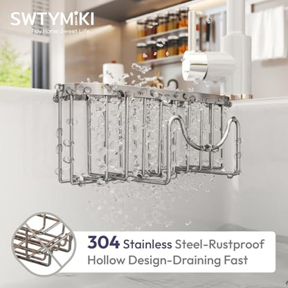SWTYMIKI Sponge Holder for Kitchen Sink - Movable Kitchen Sink Caddy with M Shape Hook Stainless Steel Hanging Sponges Caddy Organizer in Double Bowl Sinks Depth>3.15in, Middle divider<1.5in, Silver L - color: Silver-large