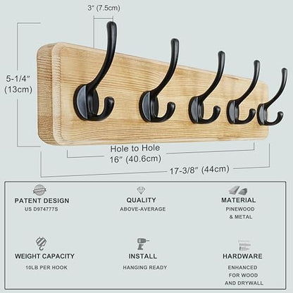 Coat Rack Wall: Patented, Heavy-Duty, 5-Double-Hooks Wooden Wall Mounted Coat Rack Coat Hanger Hook Rail for Winter Coats Hat Jacket Clothing, Light Brown - color: Light Brown & Black, size: L=17.4" (1pcs)