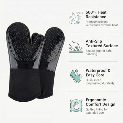 Silicone Oven Mitts 2-Pack, 13.5"x7.28" Heat Resistant 500°F, Non-Slip BPA-Free with Soft Cotton Lining, Kitchen Gloves for Baking, Cooking, BBQ & Grilling (Black) - color: Black