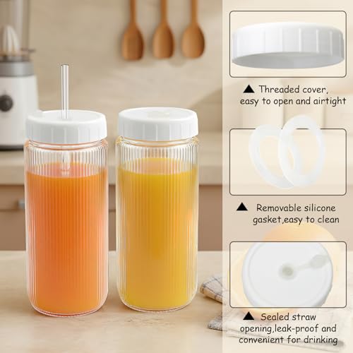 Ruckae 16oz Juice Bottles,Ribbed Glass Juicing Bottles with Lids,Smoothie Cup Lids and Straws,Water Bottle Mason Jar Drinking Glasses for Juicing,Smoothies,Kombucha (Clear-8 pack) - color: Transparent with Stripe, size: 16oz-8pack