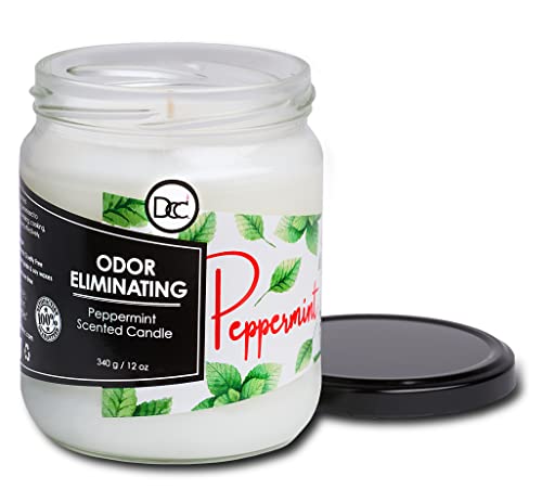 Peppermint Odor Eliminating Highly Fragranced Candle - Eliminates 95% of Pet, Smoke, Food, and Other Smells Quickly - Up to 80 Hour Burn time - 12 Ounce Premium Soy Blend - color: Peppermint