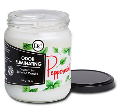 Peppermint Odor Eliminating Highly Fragranced Candle - Eliminates 95% of Pet, Smoke, Food, and Other Smells Quickly - Up to 80 Hour Burn time - 12 Ounce Premium Soy Blend - color: Peppermint