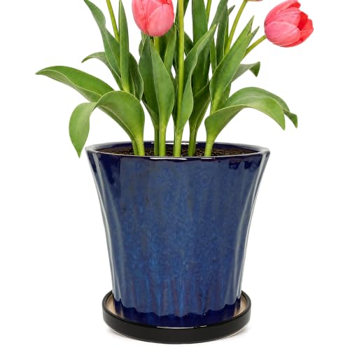 8.3 Inch Ceramic Planters with Drainage Hole and Saucer,Indoor Outdoor Large Flower Pots, Garden Pot for Plant Lovers (Blue) - color: Blue, size: 8.3 Inch