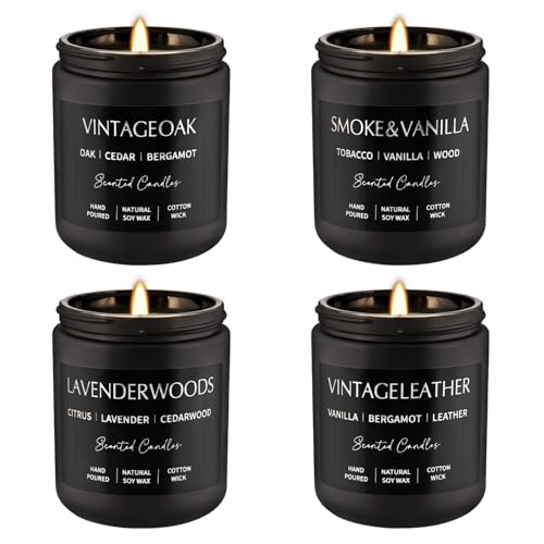 WPONSZU 4Psc Scented Candles Set,7oz Gifts for Men Aromatherapy,Soy Candle of Smokeless - Leather & Smoke, Vanilla Oakmoss, Lavender - Relaxing Fragrance for Home, Office, Yoga(Black) - color: 4Pack-Black