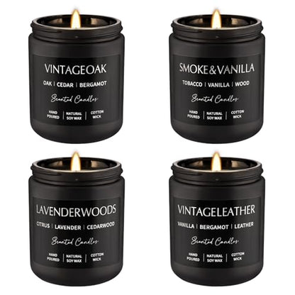 WPONSZU 4Psc Scented Candles Set,7oz Gifts for Men Aromatherapy,Soy Candle of Smokeless - Leather & Smoke, Vanilla Oakmoss, Lavender - Relaxing Fragrance for Home, Office, Yoga(Black) - color: 4Pack-Black