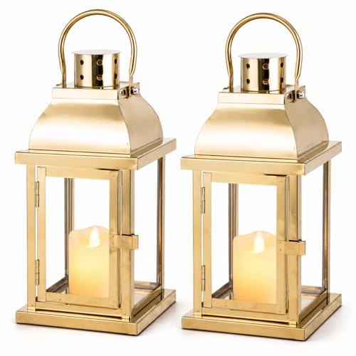 Set of 2 Decorative Candle Lantern 10'' High Hanging Candle Holder Matel Vintage Lantern Decor with Tempered Glass for Indoor Outdoor Home Table Patio Wedding(Gold) - color: Gold