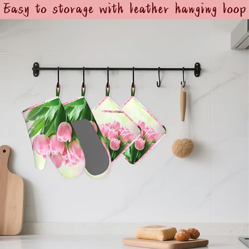 Pink Tulips Romantic Silicone Oven Mitts and Pot Holders,Heat-Resistant 4 Piece Kitchen Set Non-Slip Oven Gloves and Hot Pads for Cooking, Baking, Grilling,BBQ - color: Pink Tulips Romantic