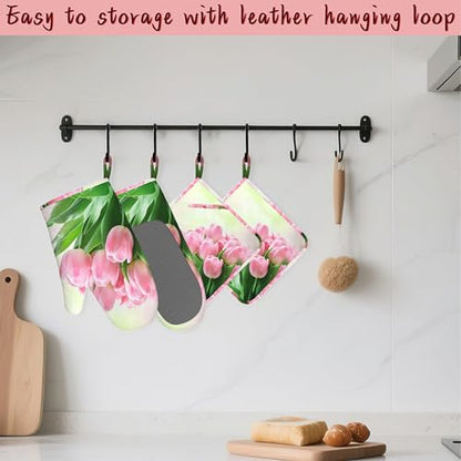Pink Tulips Romantic Silicone Oven Mitts and Pot Holders,Heat-Resistant 4 Piece Kitchen Set Non-Slip Oven Gloves and Hot Pads for Cooking, Baking, Grilling,BBQ - color: Pink Tulips Romantic