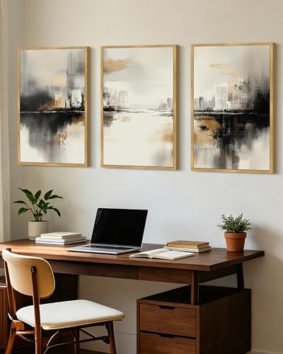 PHOPAGO Black Gray Abstract Landscape Framed Wall Art Large 16x24in Brown Tan Neutral Wall Decor Minimalist Modern Illustrations Prints Bedroom Home Decor - Natural Framed - color: Black Abstract, size: 24L" x 16W" x 3 Pcs Natural