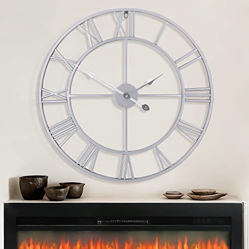 LEIKE 32" Large Modern Wall Clocks,Vintage,Round,Nearly Silent,Little Ticking,Battery Operated,Silver Metal Roman Numerals Clock for Living Room/Bedroom/Kitchen Wall Decor - color: Silver-roman Number, size: 32 Inch