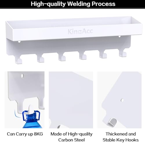 KingAcc Key Holder for Wall Decorative, Wall Mounted Key and Mail Organizer, Adhesive Key Rack with Tray for Entryway Hallway Kitchen Farmhouse, Metal Key Hanger with 6 Key Hooks(White)