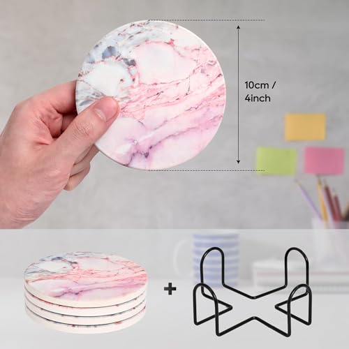 Cute Pink Marble Coasters Set of 4, 4 Inch Office Aesthetic Absorbent Drink Coasters for Women - color: Pink Marble